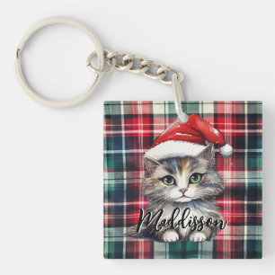 Porte-clefs Chat Père Noël Plaid De Noël Avec Nom