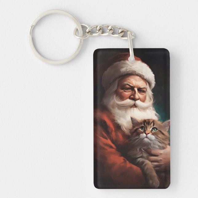 Porte-clefs Chat Persan avec le Père Noël Festif de Noël  (Devant)
