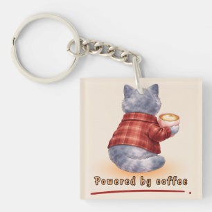 Porte-clefs Chat "Propulsé par le Café" Tenant Une Tasse de Ca