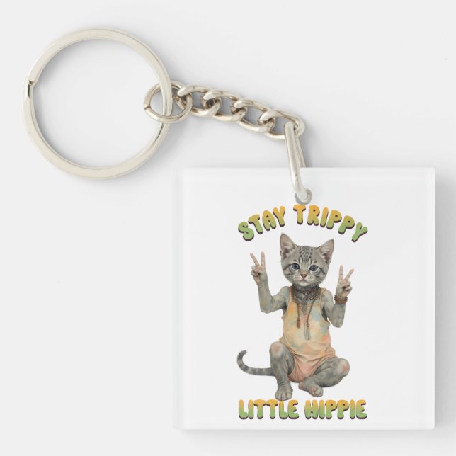 Porte-clefs Chat roux bohème Reste cool petit hippie  (Devant)