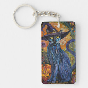 Porte-clefs Chat russe bleu Halloween sorcière citrouille effr