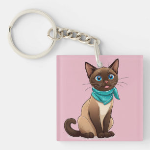 Porte-clefs Chat siamois adorable avec bandana turquoise