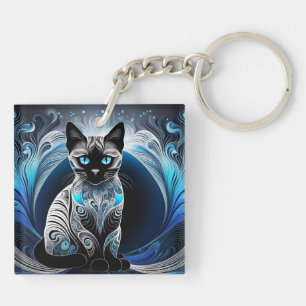 Porte-clefs Chat siamois, noir bleu et blanc abstrait