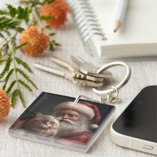 Porte-clefs Chat Sibérien avec le Père Noël Festif de Noël