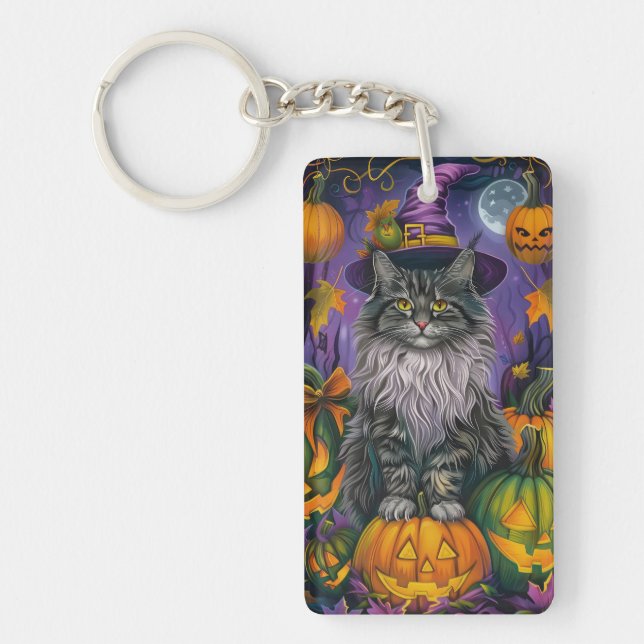Porte-clefs Chat Sibérien éffrayant Halloween sorcière et Citr (Devant)