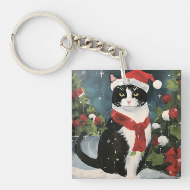 Porte-clefs Chat Smoking dans Noël enneigé (Devant)