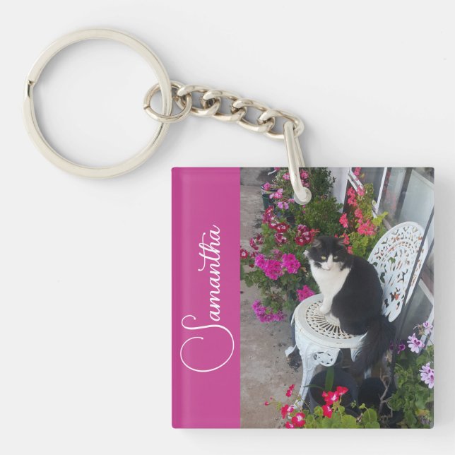 Porte-clefs Chat Smoking Fleurs Filles Nom Rose Foncé (Devant)