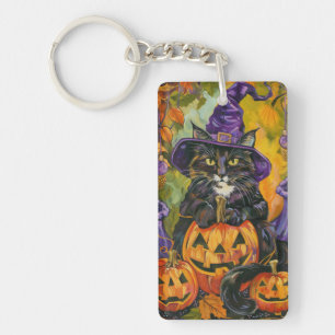 Porte-clefs Chat Smoking Tuxedo Halloween Sorcière et Citrouil