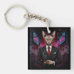 Porte-clefs Chat Sphynx Mafia dans un style néon noir
