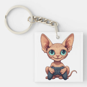 Porte-clefs Chat Sphynx tenant une manette de jeu