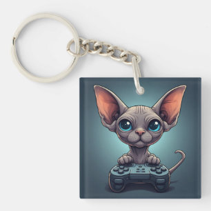 Porte-clefs Chat Sphynx tenant une manette de jeu
