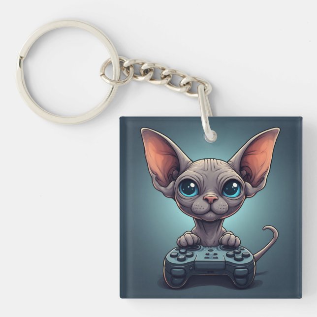 Porte-clefs Chat Sphynx tenant une manette de jeu (Devant)