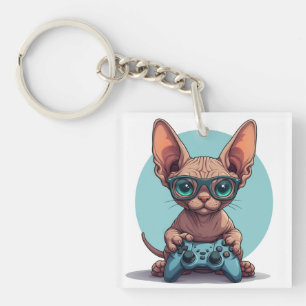 Porte-clefs Chat Sphynx tenant une manette de jeu