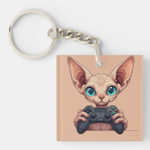 Porte-clefs Chat Sphynx tenant une manette de jeu