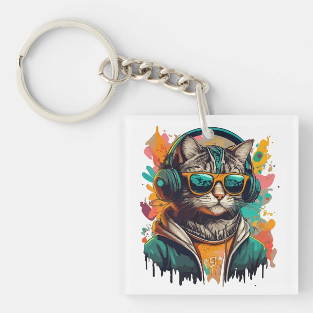 Porte-clefs Chat Super cool avec casque à écouter de la musiqu (Devant)