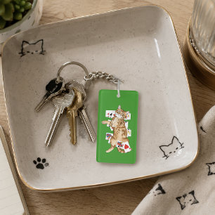 Porte-clefs Chat tigré orange drôle jouant aux cartes de solit