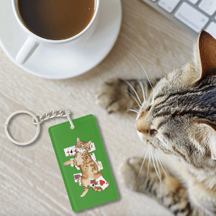 Porte-clefs Chat tigré orange drôle jouant aux cartes de solit