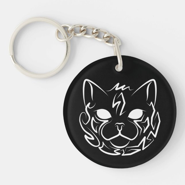 Porte-clefs Chat tribal noir et blanc (Devant)