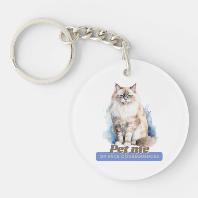 Porte-clefs Chat Witty "Pet Me ou Face Conséquences" (Devant)