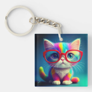 Porte-clefs Chaton arc-en-ciel portant des lunettes-46568