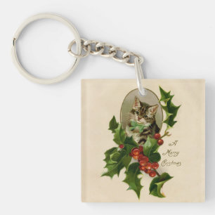 Porte-clefs Chaton de Noël victorien au milieu du houx, tabby 