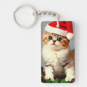 Porte-clefs Chaton de Noël vintage avec chapeau de Père Noël