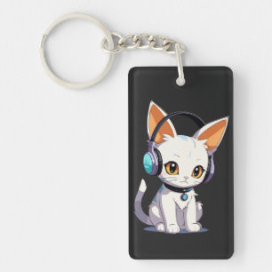 Porte-clefs Chaton Kawaii avec Casque de Musique Élégant