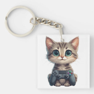Porte-clefs Chaton mignon tenant une manette de jeu Chat joueu