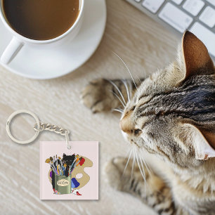 Porte-clefs Chaton noir Pinceau Pot Artiste Chat Rose