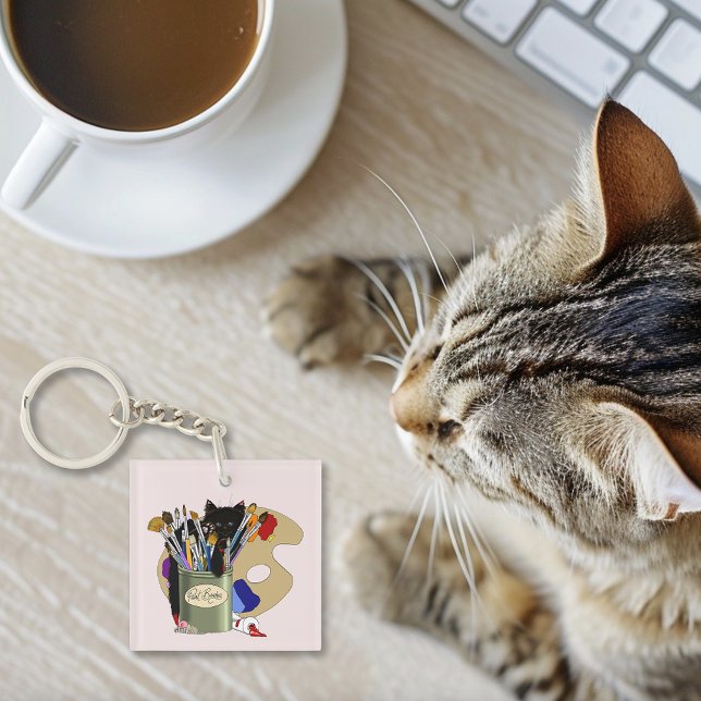Porte-clefs Chaton noir Pinceau Pot Artiste Chat Rose (Créateur téléchargé)