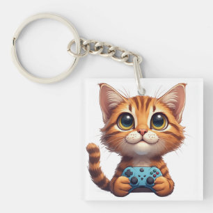 Porte-clefs Chaton orange tenant une manette de jeu Chat joueu