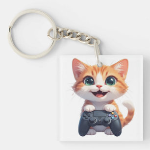 Porte-clefs Chaton tenant une manette de jeu souriant Chat jou