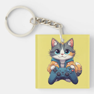 Porte-clefs Chaton tenant une manette de jeu souriant Chat jou