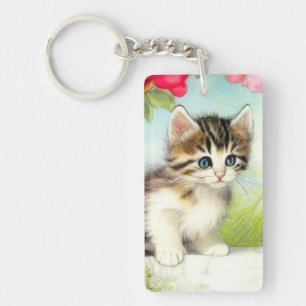 Porte-clefs Chaton vintage blanc et Brown avec fleurs