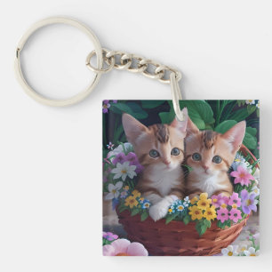 Porte-clefs Chatons mignons et câlins dans un panier de fleurs