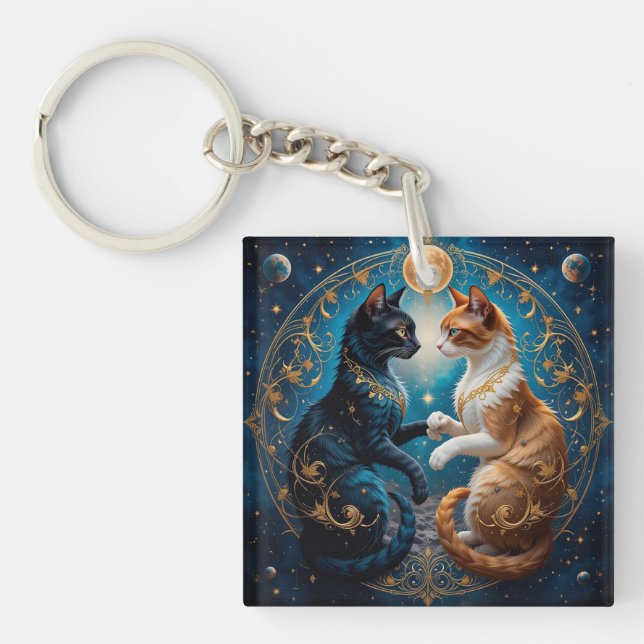 Porte-clefs Chats Célestes avec Thème Or Bleu Cosmique 🐱 (Devant)