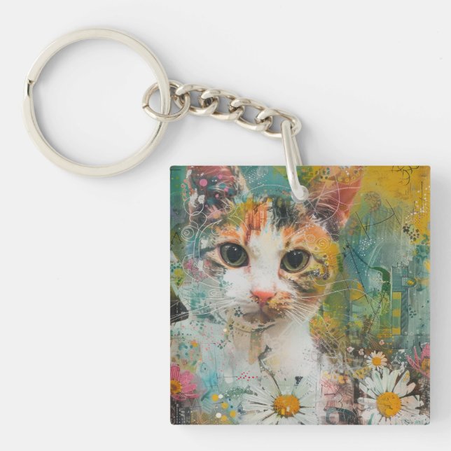 Porte-clefs Chats d'aquarelle Boho - Art de la féline terrestr (Devant)