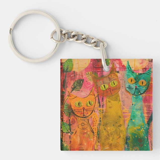 Porte-clefs Chats d'aquarelle de Boho - Art de la féline terre (Devant)