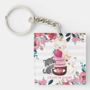 Porte-clefs Chats de dessin animé floraux fantaisistes Gâteau