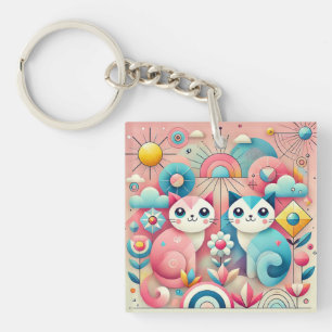Porte-clefs Chats de dessin animé mignons dans un décor nature