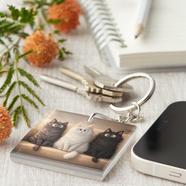 Porte-clefs Chats de Dessin Animé Mignons et duveteux Accessoi (Devant Droit)