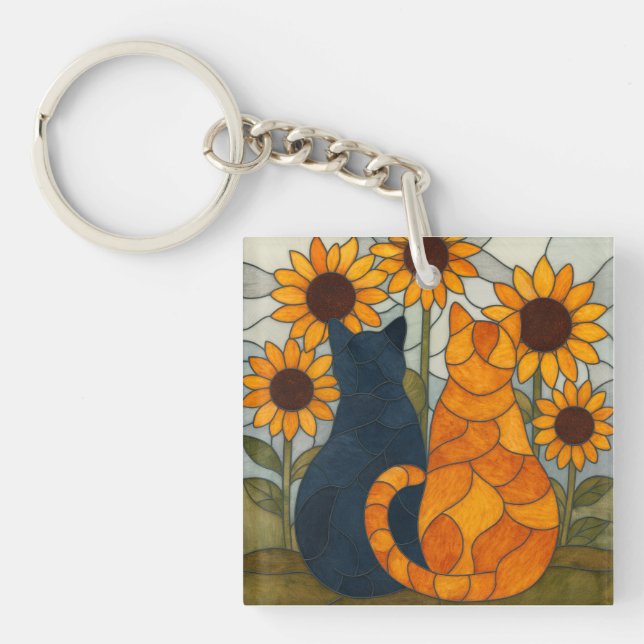 Porte-clefs Chats en vitrail et conception d'art de tournesols (Devant)