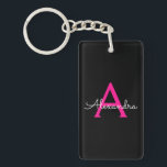Porte-clefs Chaud rose noir Script Girl Nom du monogramme<br><div class="desc">Noir et rose chaud Simple Script Monogramme Nom Porte - clé. Cela rend le cadeau parfait pour 16 ans,  mariage,  douche nuptiale,  anniversaire,  baby shower ou bachelorette pour quelqu'un qui aime le luxe glam et les styles chic.</div>