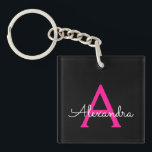 Porte-clefs Chaud rose noir Script Girl Nom du monogramme<br><div class="desc">Noir et rose chaud Simple Script Monogramme Nom Porte - clé. Cela rend le cadeau parfait pour 16 ans,  mariage,  douche nuptiale,  anniversaire,  baby shower ou bachelorette pour quelqu'un qui aime le luxe glam et les styles chic.</div>