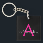 Porte-clefs Chaud rose noir Script Girl Nom du monogramme<br><div class="desc">Noir et rose chaud Simple Script Monogramme Nom Porte - clé. Cela rend le cadeau parfait pour 16 ans,  mariage,  douche nuptiale,  anniversaire,  baby shower ou bachelorette pour quelqu'un qui aime le luxe glam et les styles chic.</div>