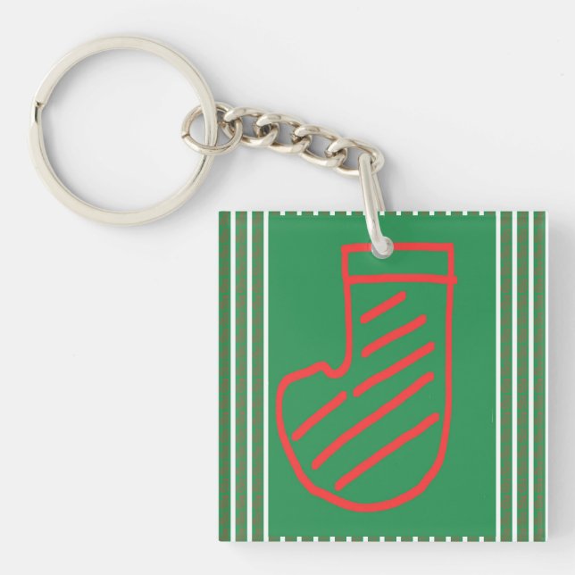 Porte-clefs Chaussette de Noël Rouge Vert sur Fond Vert (Devant)