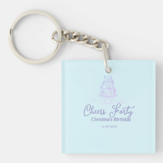 Porte-clefs Cheers forty happy birthday cake blue purple name 