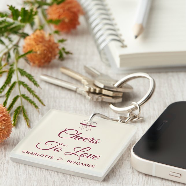 Porte-clefs Cheers To Love Burgundy Script Ivory Bow Wedding (Devant Droit)