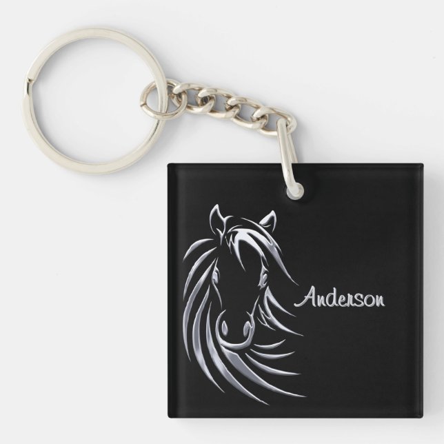 Porte-clefs Cheval d'argent tête sur le script personnalisé no (Devant)