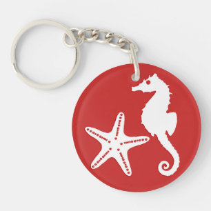 Porte-clefs Cheval de mer et poisson d'eau - corail noir rouge